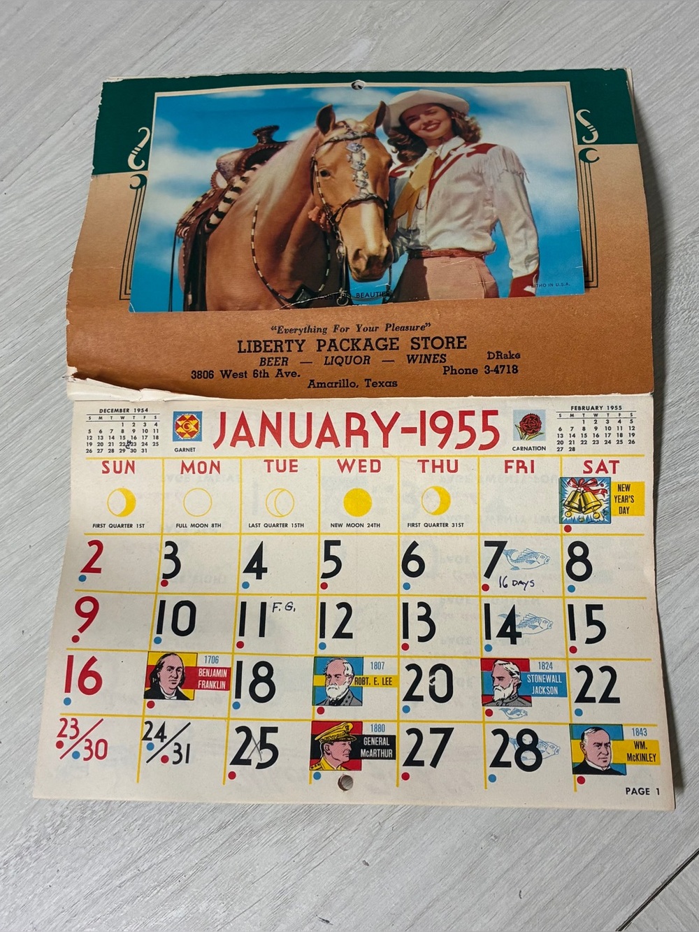 VTG 1955 Advertising Calendar Liberty Package Store Amarillo TX Western USED